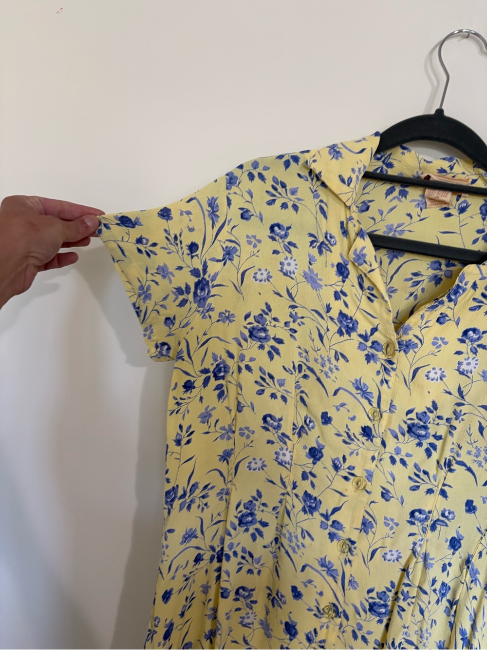 Vintage 90a April Cornell Yellow Maxi Dress with Blue Floral Print - Picture 3 of 13